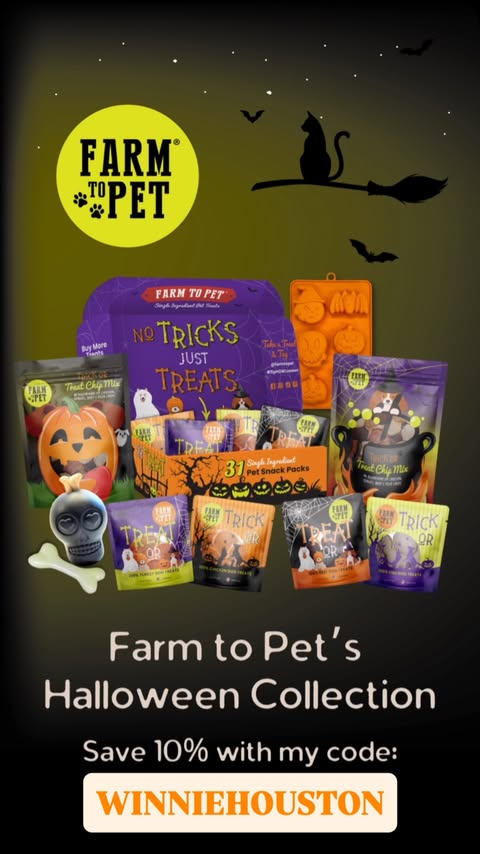 Instagram post by @winniehoustongoldengirl for Farm to Pet. Caption reads: 🎃 No tricks, just treats 🐾 After Farm to Pet....