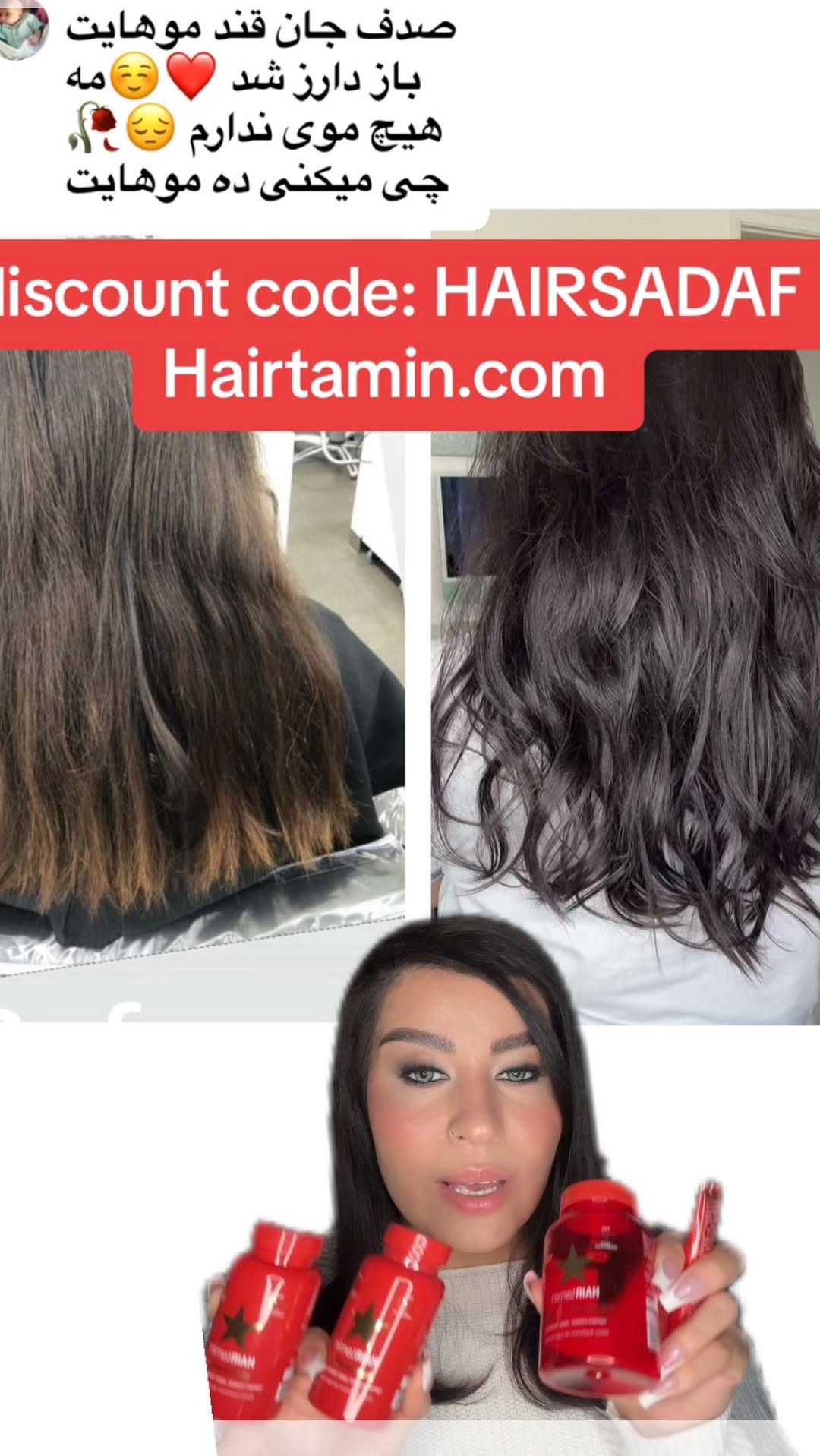 Instagram post by @get_glam_with_sadaf for Hairtamin. Caption reads: discount code: HAIRSADAF Hairtamin.com @hairtamin....