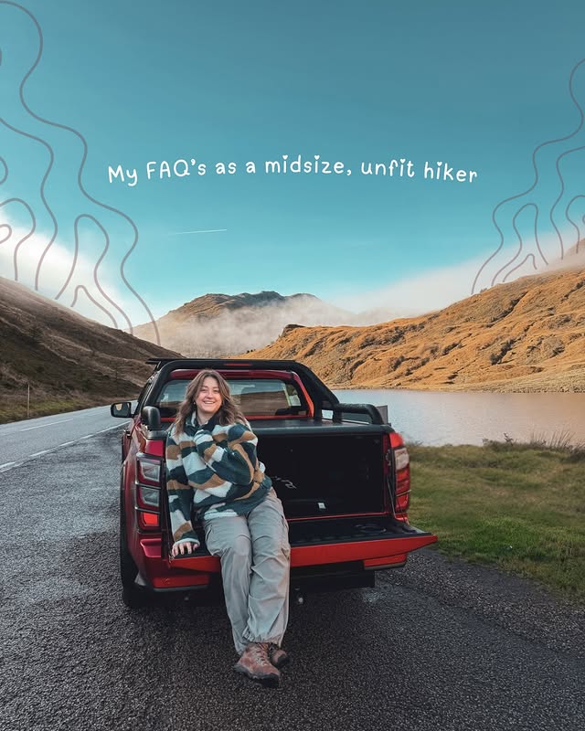 Instagram post by @yourpaceormine for LANX. Caption reads: My most FAQs as a midsize, unfit hiker 🤗✨ We....