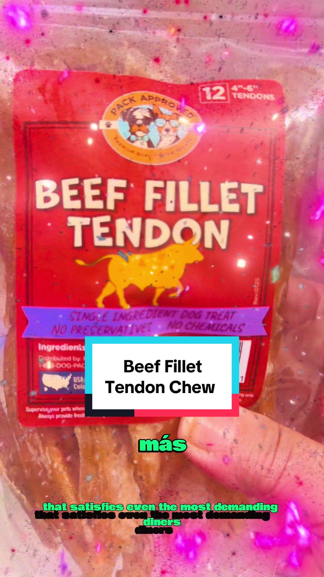 TikTok post by @elenacervantes_bella0619 for PetMD Store. Caption reads: [...] approved Beef Fillet Tendon For Dog.....