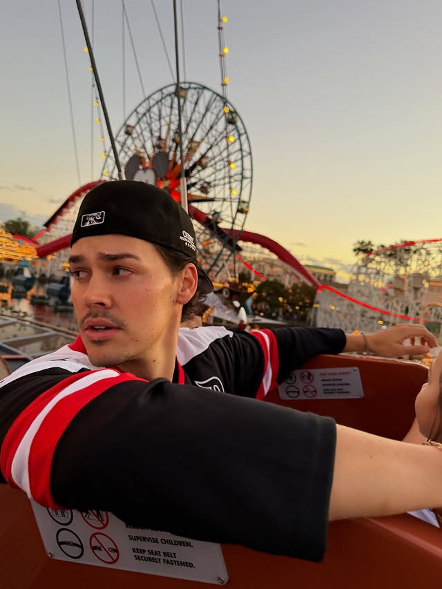 Instagram post by @noahbeck for Disney Parks. Caption reads: we come to AMC theaters to laugh, to cry, to care.....