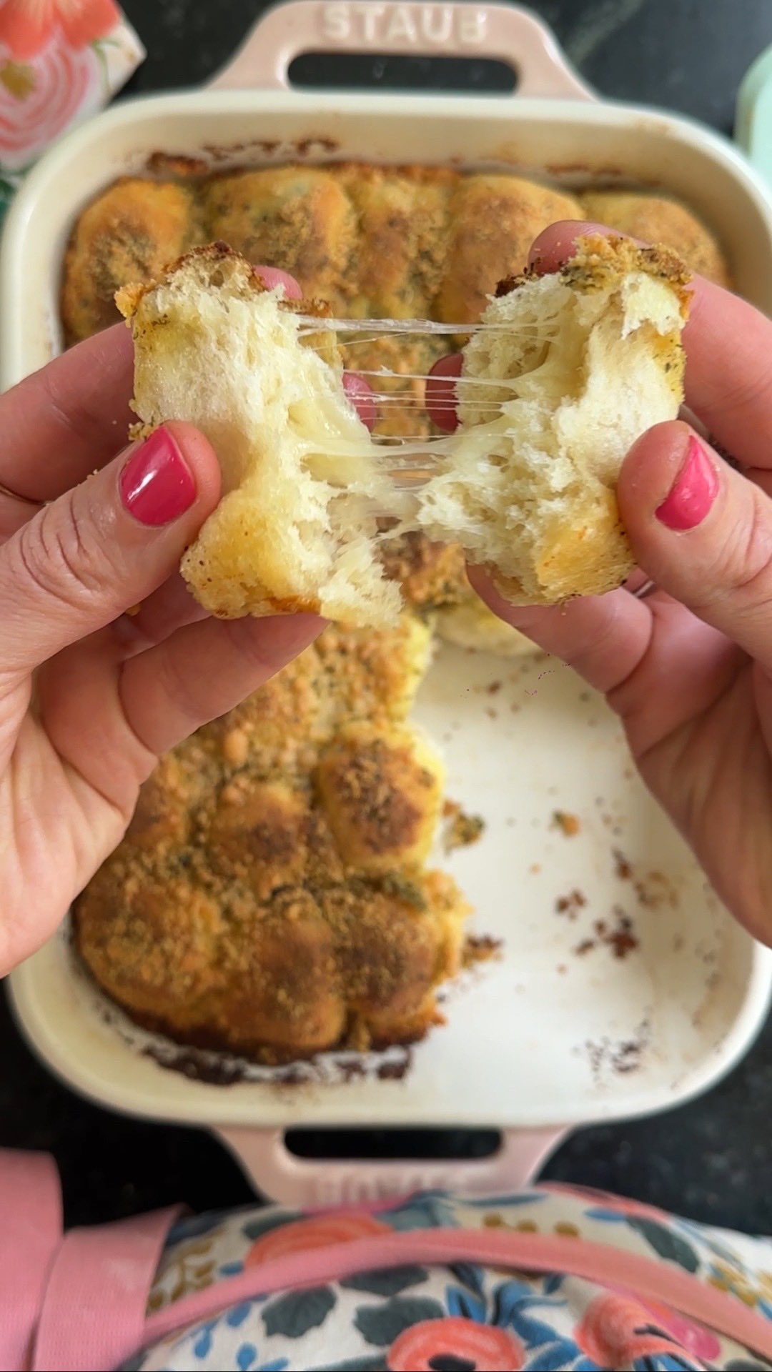 Instagram post by @yummytoddlerfood for King Arthur Baking Company. Caption reads: Stuffed Garlic Bread (with salad and fruit) is a....