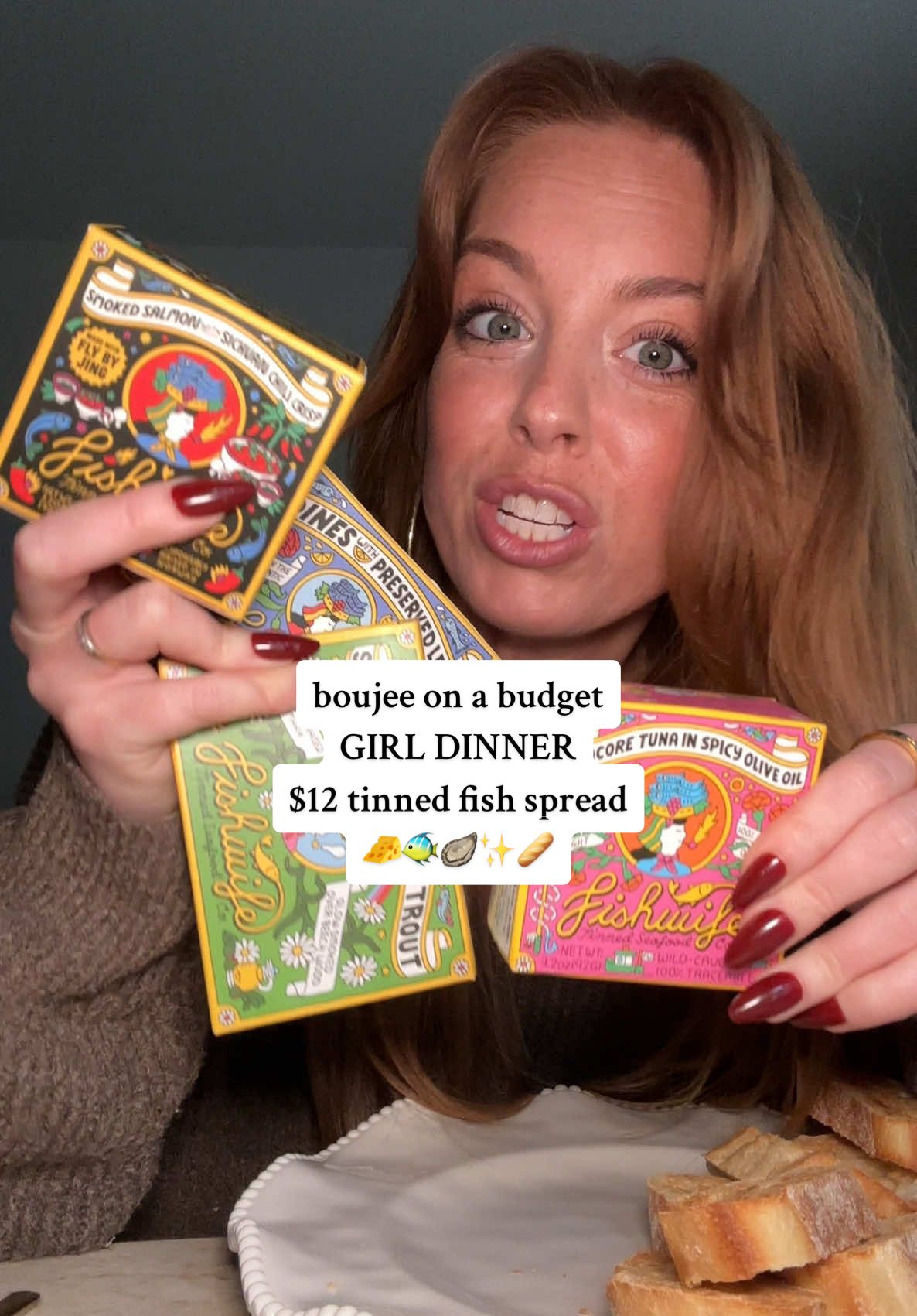 TikTok post by @sarahgracehallas for Fishwife. Caption reads: Finally tried the viral tinned fish and idk what I....