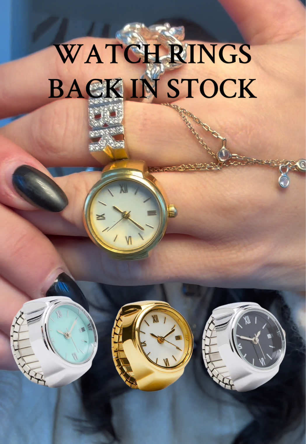 TikTok post by @mackenziebelle_ for Steve Madden. Caption reads: SHOP SM/MBK WATCH RINGS on stevemadden.com AND IN....