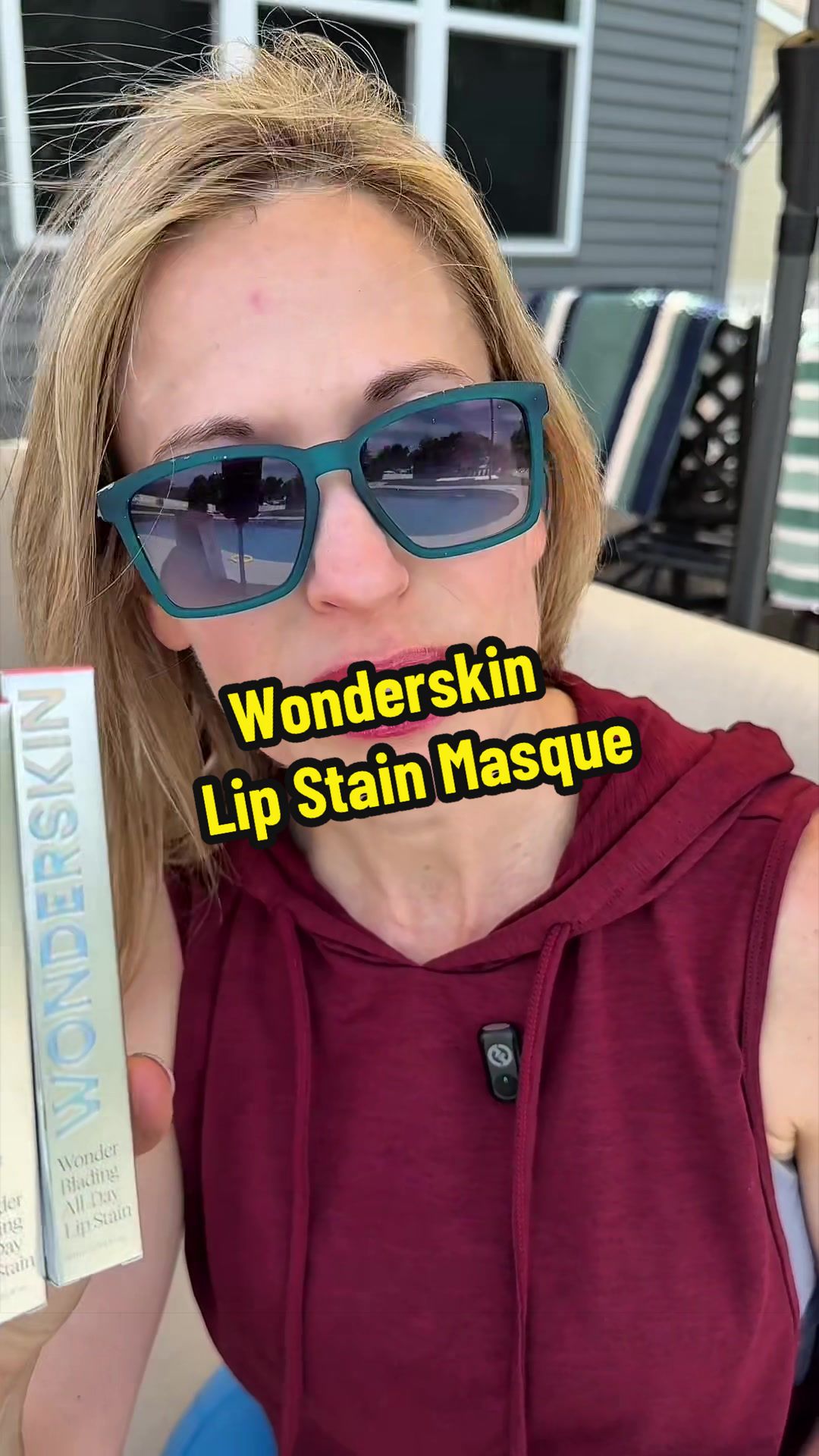 TikTok post by an influencer for Wonderskin Beauty. Caption reads: The Wipe-Off Lip Stain That Won't Budge 👄 Swipes....