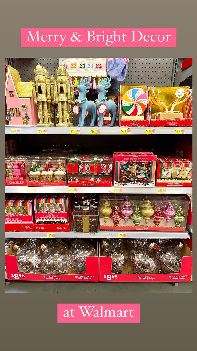 Instagram post by @retailtherapywithashley for Packed Party. Caption reads: [...] Christmas decorations @walmart 🩷🎄....