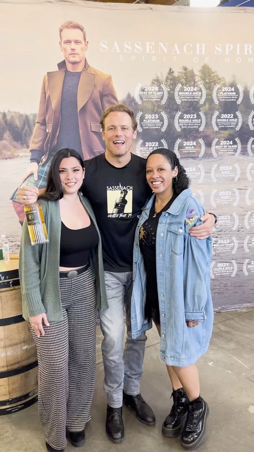 Instagram post by @samheughan for Sassenach Spirits. Caption reads: SAM DIEGOOO: The final stop of the....