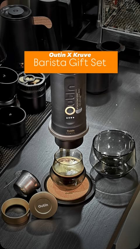 Instagram post by @kruveinc for OutIn. Caption reads: One Iced Espresso with the Outin x Kruve Barista....