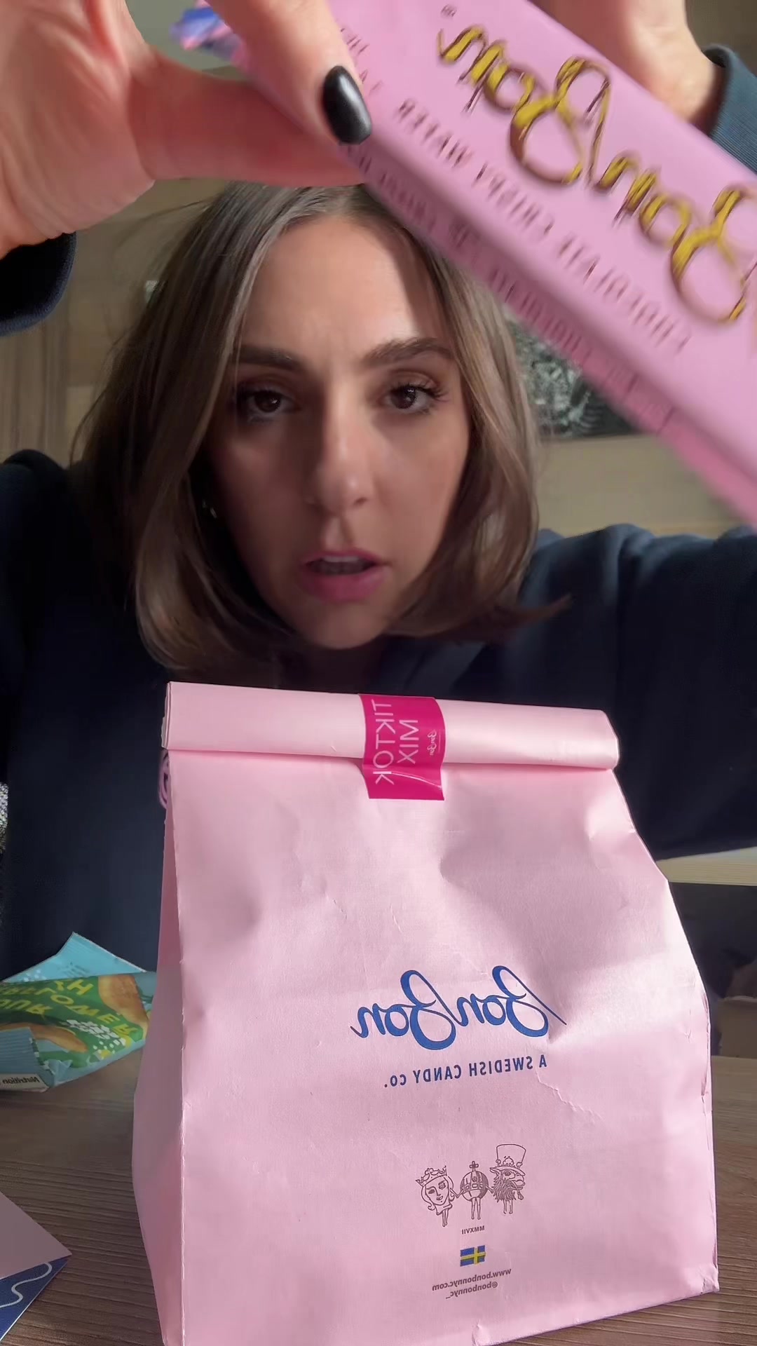 TikTok post by @mady.beighley for BonBon NYC. Caption reads: Period or pregnancy @BonBon - A Swedish Candy Co.....