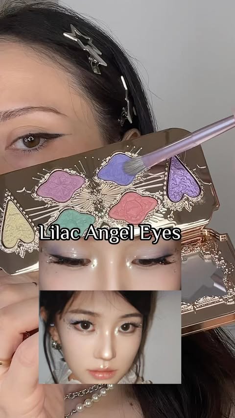 Instagram post by @dolceluna.makeup for Flower Knows Cosmetics. Caption reads: Lilac Angel Eyes 💜🪽 Palette gifted by....