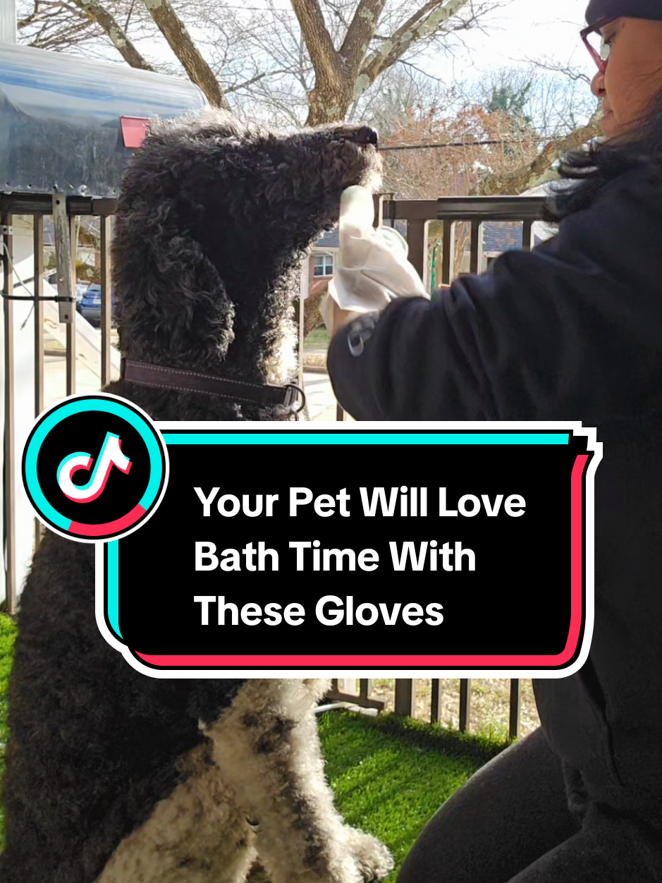 TikTok post by @kellymcarnes for HoneyCarePet. Caption reads: Thanks to these bath gloves, my pet can feel fresh....