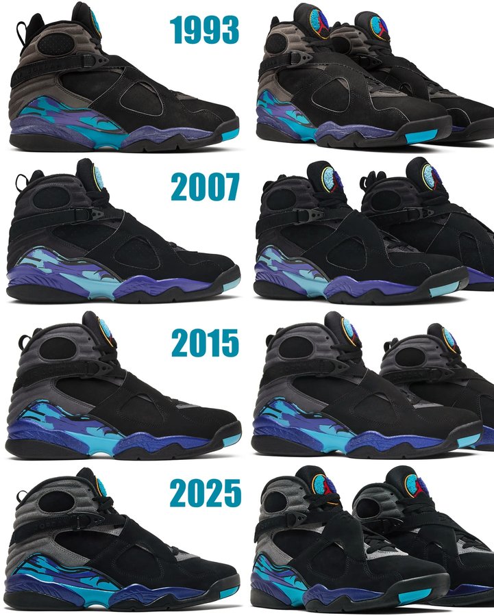 Instagram post by @zsneakerheadz for GOAT. Caption reads: 1993 (OG) vs 2007 vs 2015 vs 2025 “Aqua” Jordan 8....