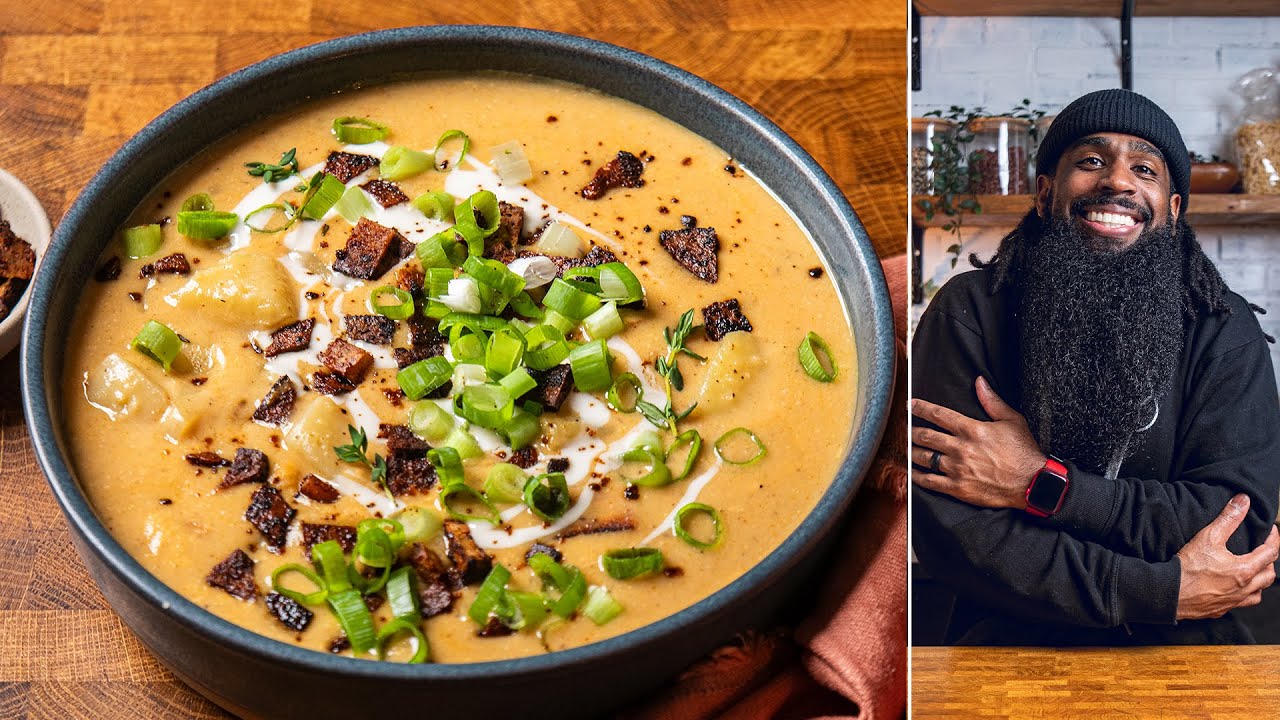 YouTube post by @thenarddogcooks for Flodesk. Caption reads: The Coziest Potato Soup Recipe Ever | Vegan and....