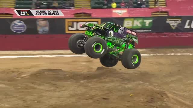 Instagram post by @westonanderson_gd for Monster Jam. Caption reads: @TheOriginalSuperglue glued to the action replay....