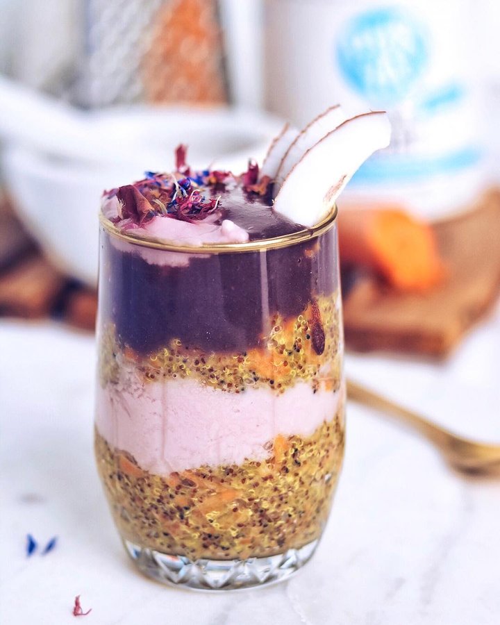 Instagram post by @positivityna for THRIVE Magazine. Caption reads: STICKY carrot cake quinoa porridge- coconut yogurt....