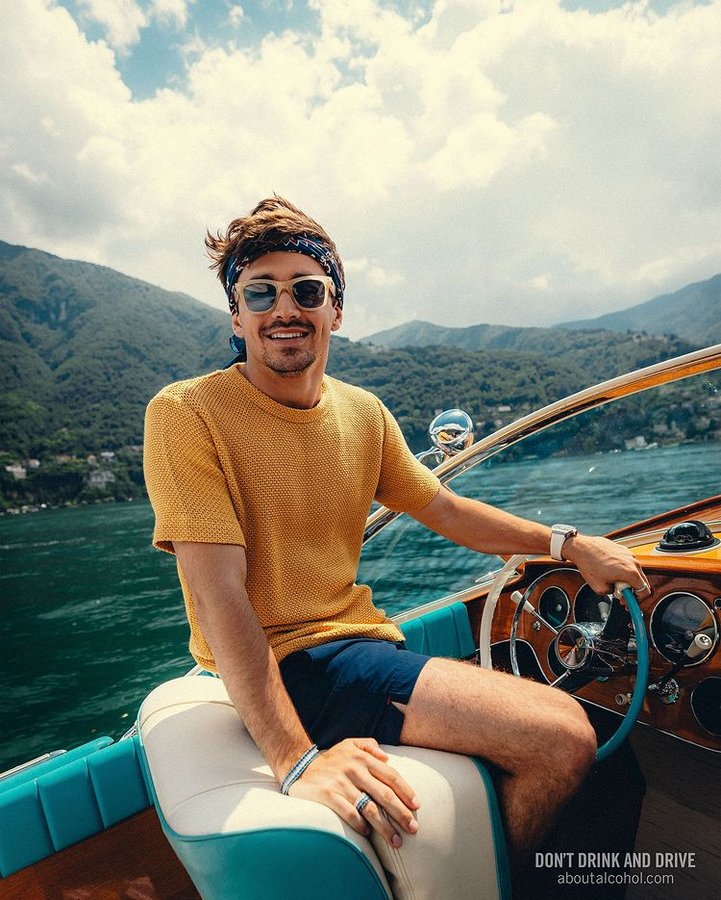 Instagram post by @charles_leclerc for Peroni Nastro Azzurro. Caption reads: Gooooood times on the Lake waters 🩵

From 0.0% to....
