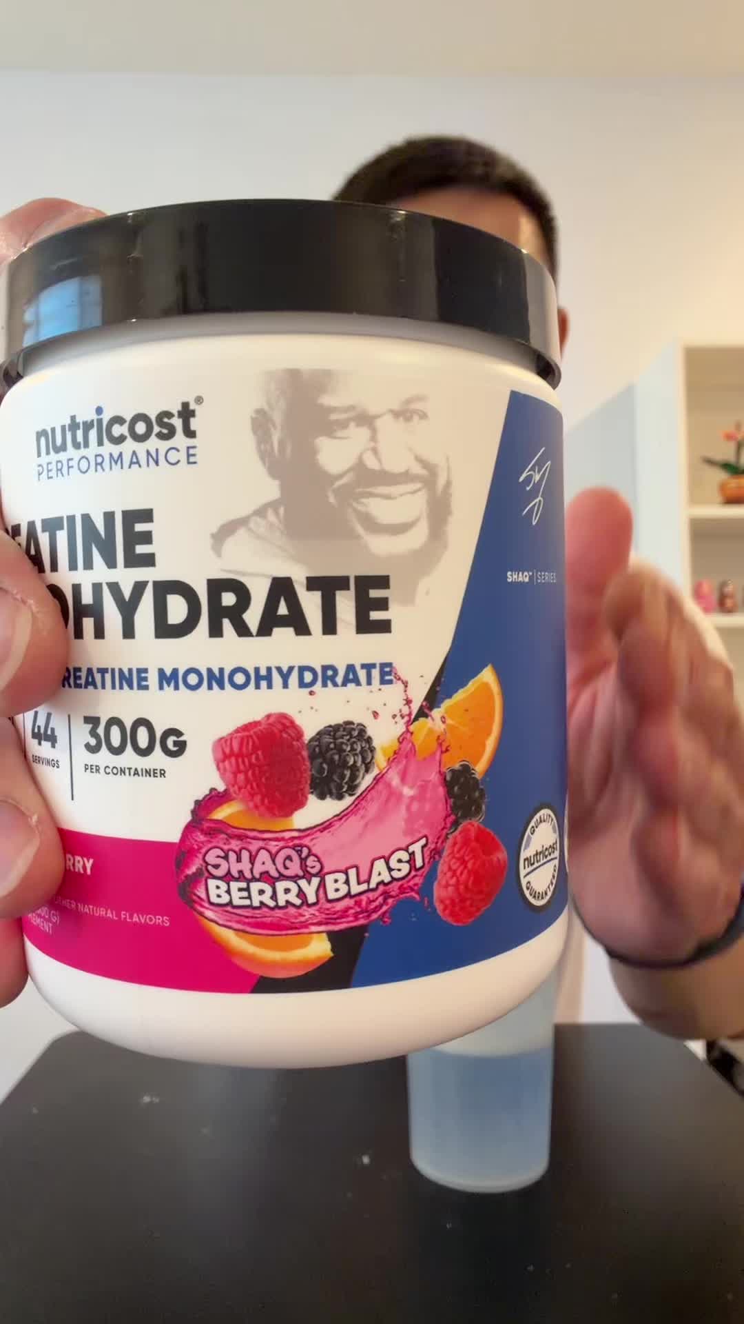 TikTok post by @j_jungy for Nutricost. Caption reads: Shaq’s Creatine Collab with @Nutricost - Berry....