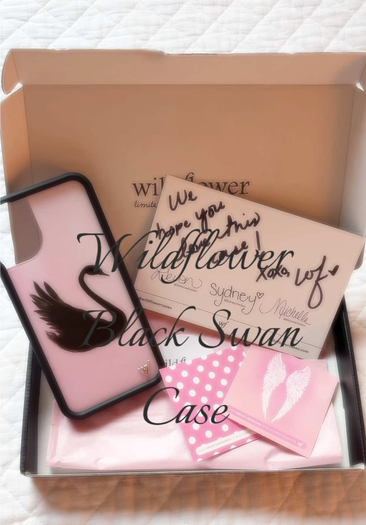 TikTok post by @nataliaxox7 for Wildflower Cases. Caption reads: Soo Beautiful 🪽🖤🦢@Wildflower Cases #wildflower....