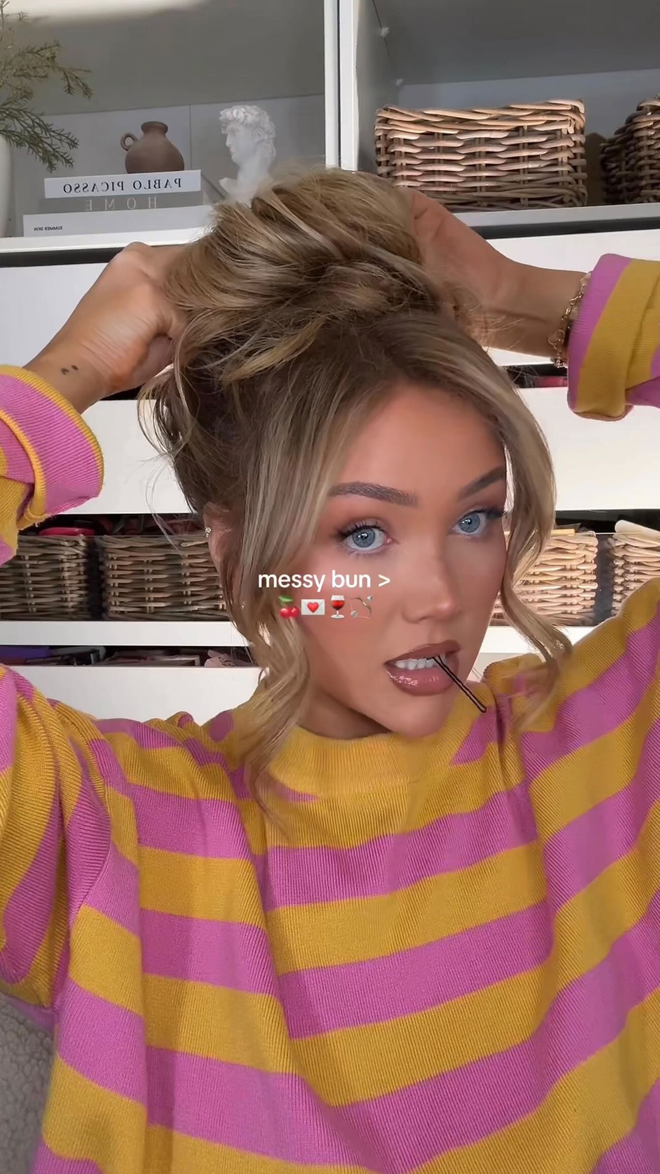 Instagram post by @ohmygeeee for Mark Hill Hair. Caption reads: messy buns > 
🧸🤍🍰

Curler @markhillhair 
Spray....