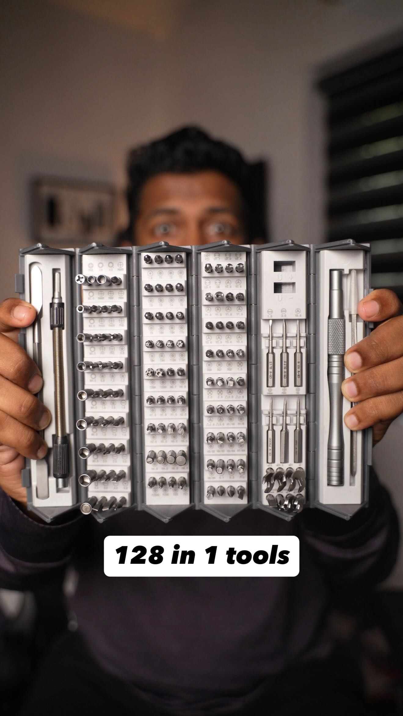 Instagram post by @screw_1996 for Portronics. Caption reads: 128 in 1 tools  portronics bit box 2.