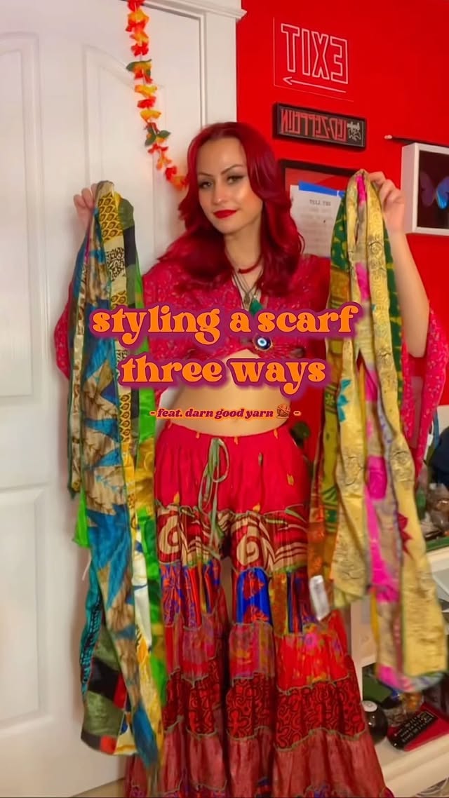 Instagram post by @miakehaulani for Darn Good Yarn. Caption reads: 🍄🌈 styling these @darngoodyarn scarves 🧣 in....