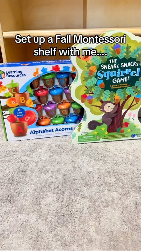 Instagram post by @montessorimissemily for Learning Resources. Caption reads: Setting up our fall Montessori shelf with the Fall....