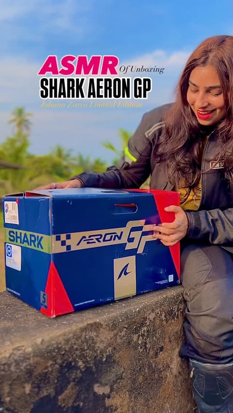 Instagram post by @bindas_kuri for SHARK Helmets. Caption reads: Shark Aeron GP Zarco Victory 2025 — where....