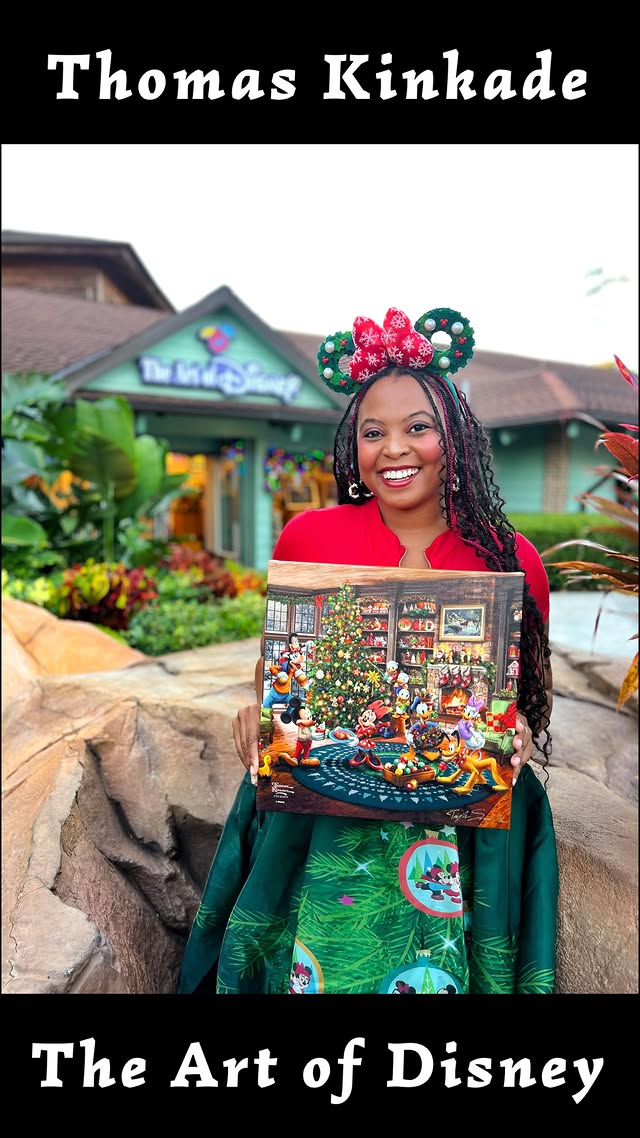 Instagram post by @pixieandmagic for Thomas Kinkade Studios. Caption reads: 🎄Disney Holiday Gift🎁
•
{AD} Looking for the....