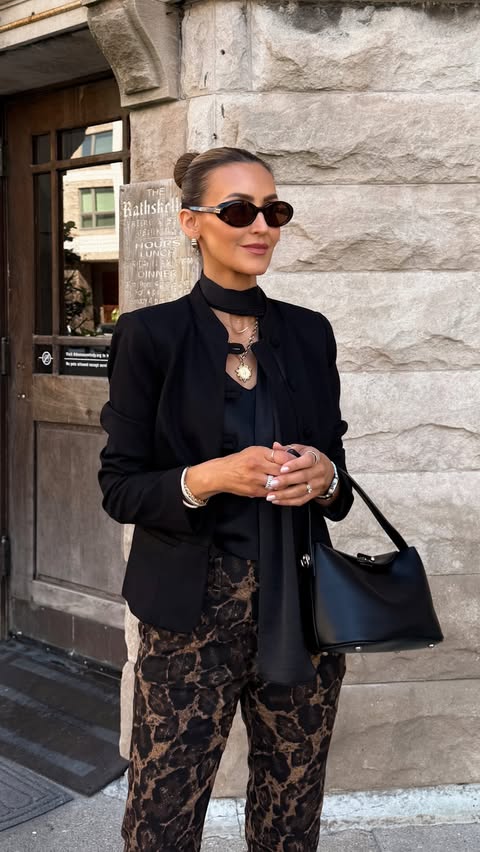 Instagram post by @karinastylediaries for White House Black Market. Caption reads: The art of fall layering 🍂🤎 comment SHOP and....