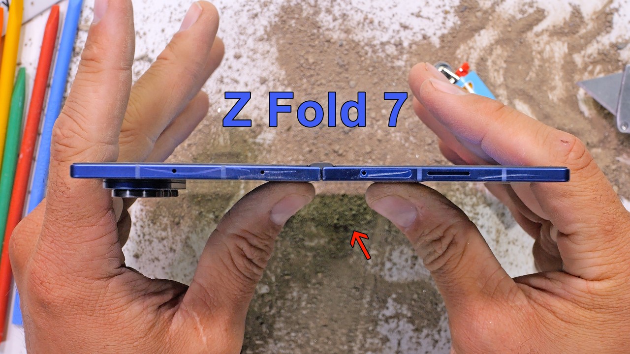 YouTube post by @JerryRigEverything for Dbrand. Caption reads: Samsung Z Fold 7 Durability Test --- The End is....