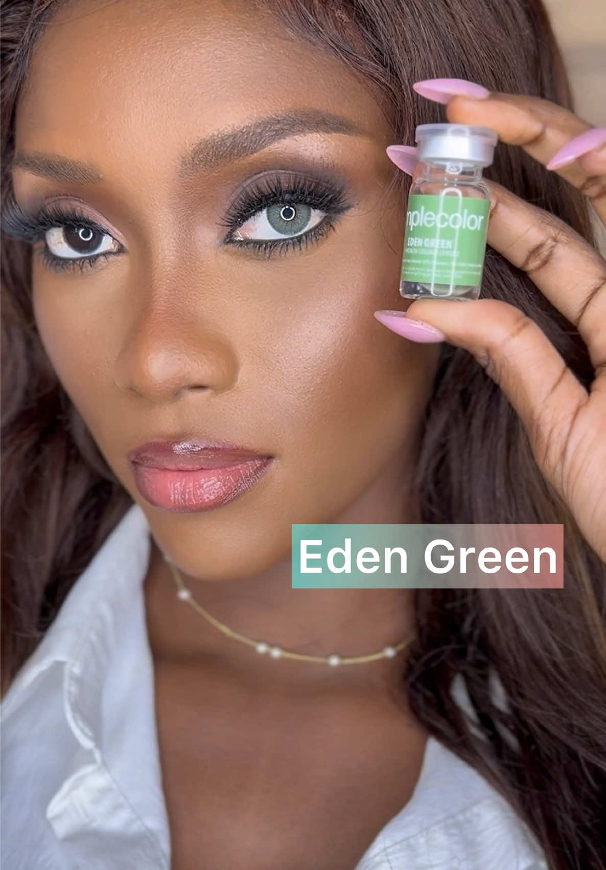 TikTok post by @flawlessbytenisha for Dimple Color. Caption reads: 🤩 @Dimple Color Eden Green contact lenses 💚....