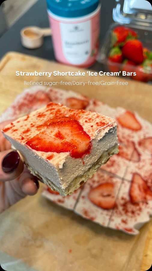 Instagram post by @nourishedandspiced for Nature Restore. Caption reads: Strawberry Shortcake ‘Ice Cream Bars’....