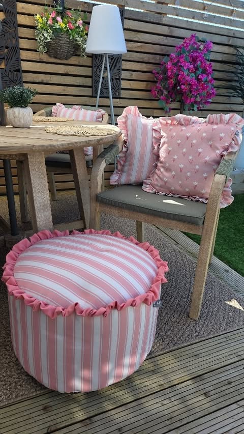 Instagram post by @welcometoourhome21 for rucomfy beanbags. Caption reads: Soft stripes, frills and all the cosy little....