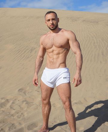 Instagram post by @imno.superman_ for Box Menswear. Caption reads: ⚪️⚪️⚪️ with @boxmenswear #shorts #white....