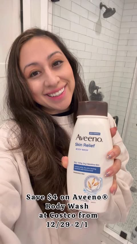 Instagram post by @victoriabelliston for Aveeno. Caption reads: #ad Right now you can Save $4 on Aveeno® Body Wash....