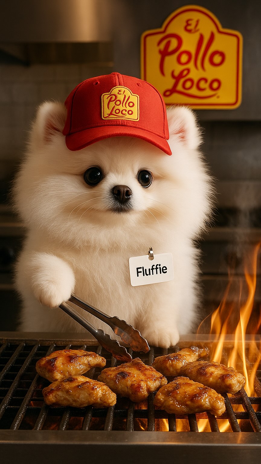 Instagram post by @fluffie_the_pom for El Pollo Loco. Caption reads: #PolloPartner It’s your turn!🎉Enter El Pollo....