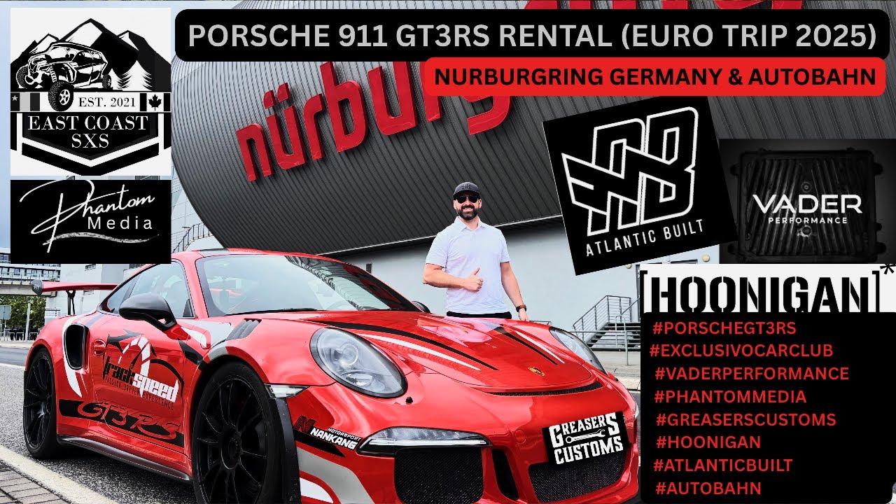 YouTube post by @eastcoastsxs for Pedalcommander. Caption reads: PORSCHE 911 GT3RS RENTAL EURO TRIP 2025 .