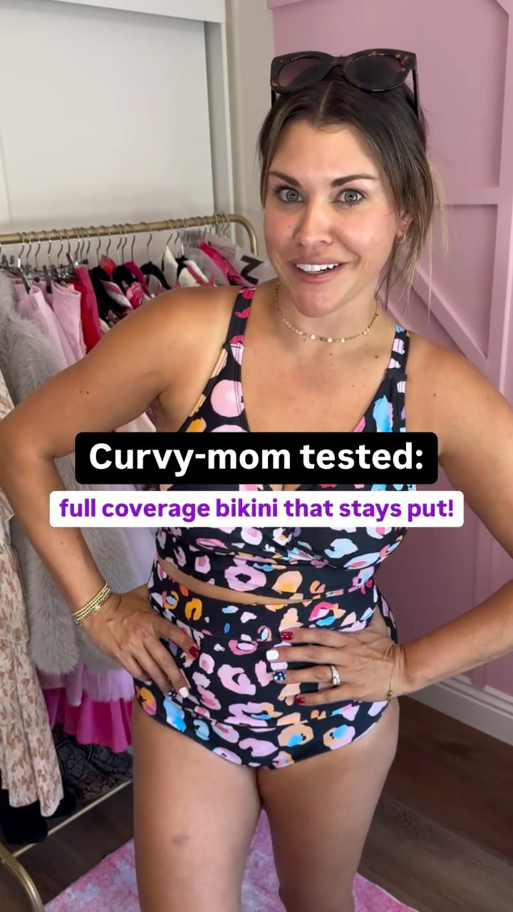 Instagram post by @piggybankdiaries for Bloomchic. Caption reads: A bikini that actually stays put while chasing....