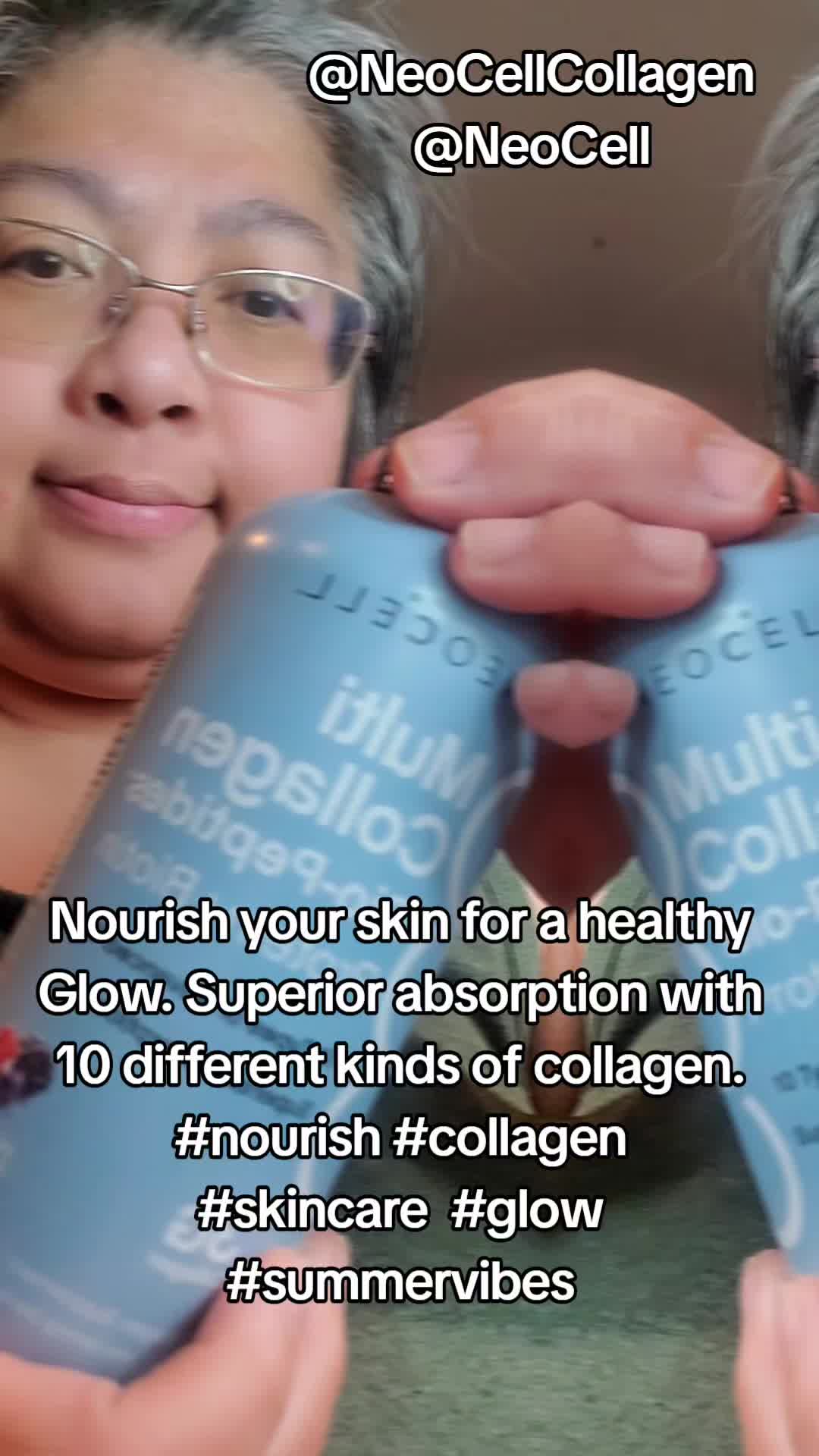 TikTok post by @hopesanddreamskitchen for NeoCell. Caption reads: [...] #collagen #skincare #glow #summervibes....
