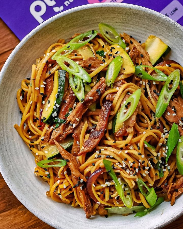 Instagram post by @real.foodie for Planted. Caption reads: Planted Hoisin Duck Noodles with Courgette & [...].