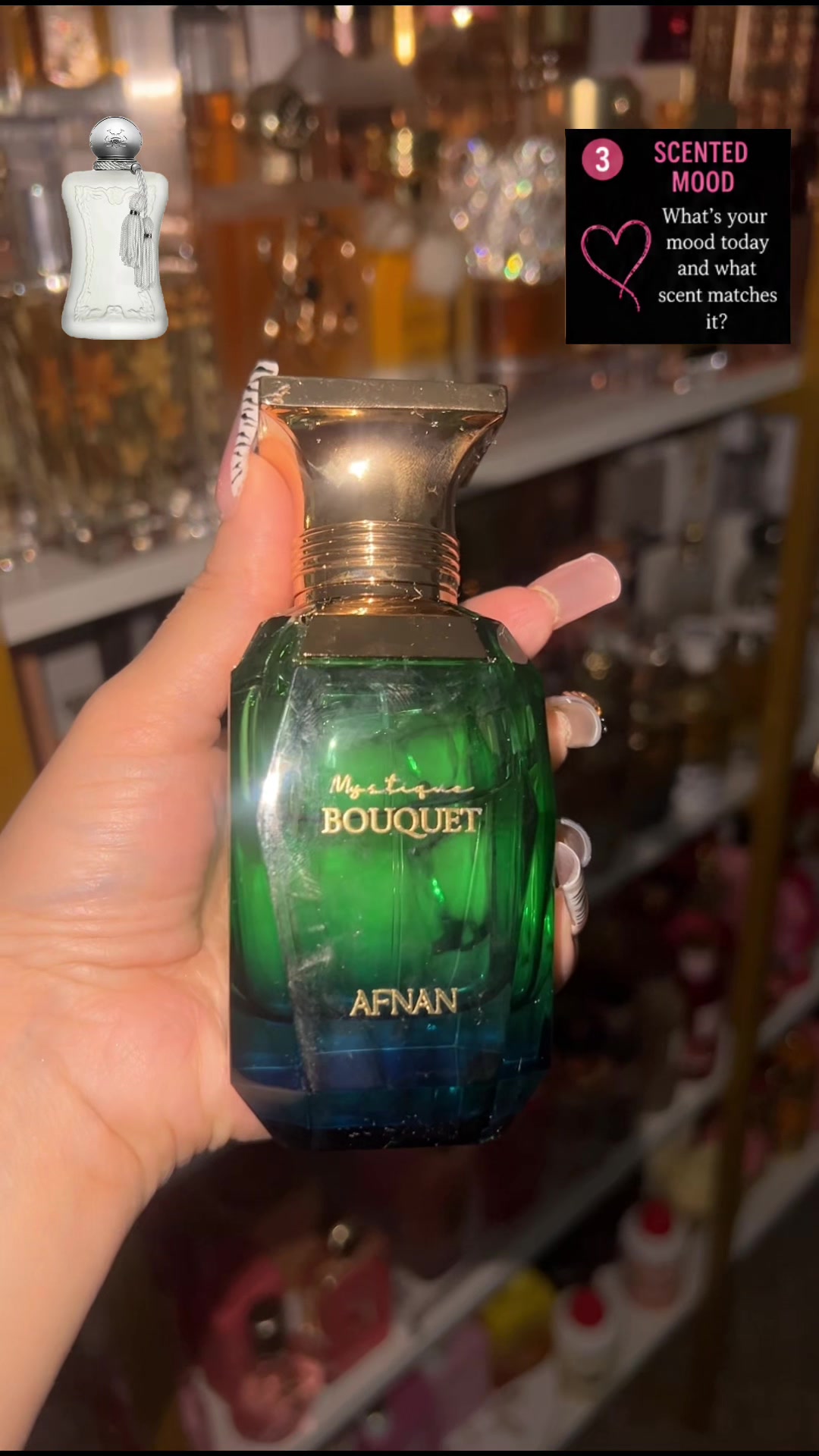 TikTok post by @perfume_queen_ for Afnan Perfumes. Caption reads: [...] #FragranceCommunity #PerfumeLover @Afnan....