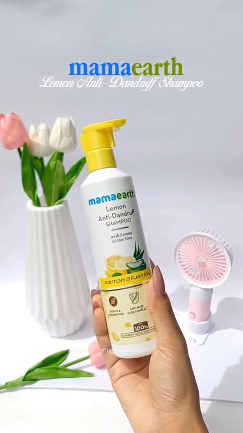 Instagram post by @ugcbymoyuri for Honasa Consumer Ltd.. Caption reads: Bye bye flakes, hello fresh scalp🍋 This Mamaearth....