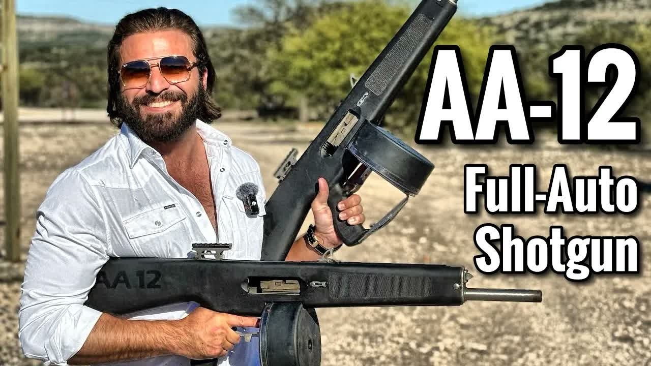 YouTube post by @ДавайНаРусском for Школа 1950. Caption reads: The Legendary AA-12 Automatic Shotgun // Brandon....