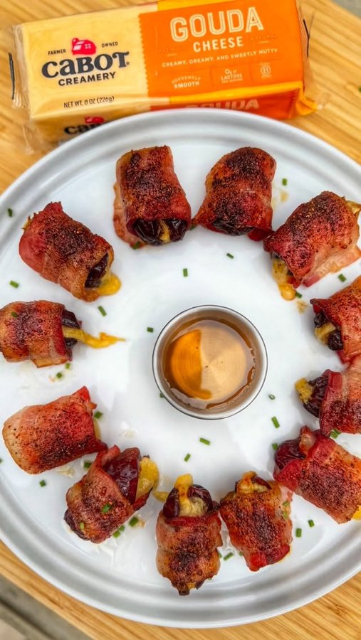 Instagram post by @thisjewcanque for Cabot Creamery Cooperative. Caption reads: Gouda stuffed bacon wrapped dates are the perfect....