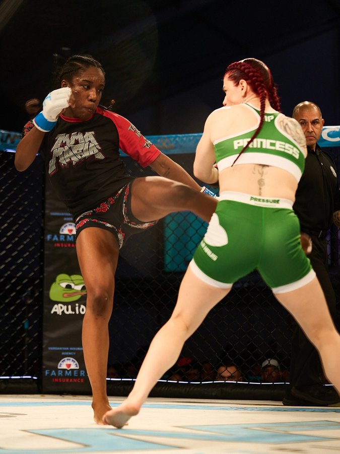 Instagram post by @mmamafiasocal for Up Next Fighting. Caption reads: 8 seconds. Rib shot. New champ. @destinyportermma....