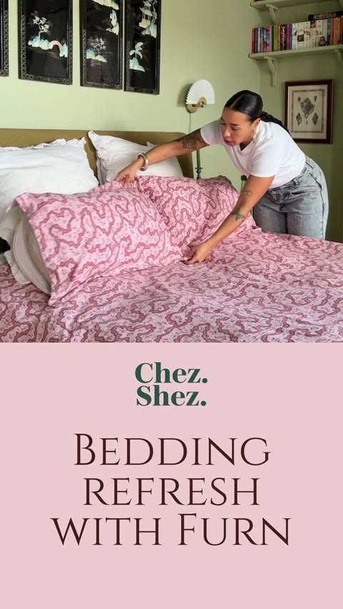 Instagram post by @chez.shez for furn.. Caption reads: Ad | BEDDING REFRESH WITH FURN 🩷🩷 Blue Monday....