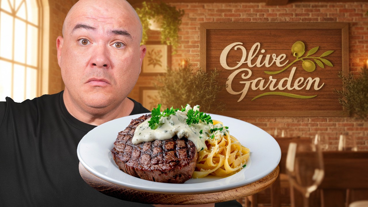 YouTube post by @guga for Dalstrong. Caption reads: I Ate Steak at Olive Garden & Almost Died.