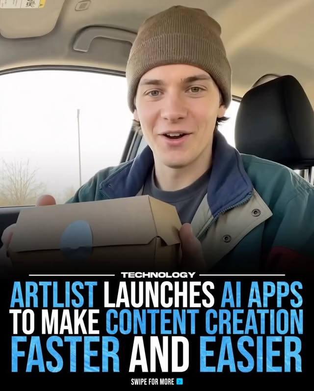 Instagram post by @technology for Artlist. Caption reads: @Artlist.io has introduced AI Apps, a new feature....