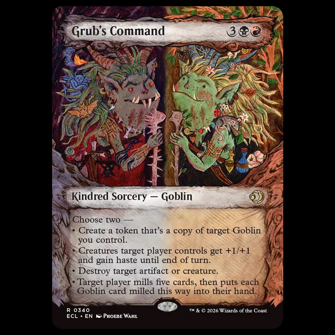 Instagram post by @phoebewahl for Magic: The Gathering. Caption reads: New card for @wizards_magic coming 1/23! GRUB’S....