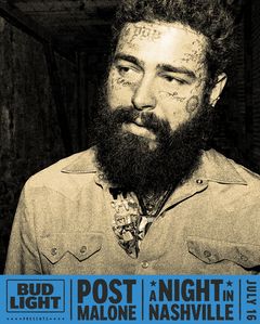 Instagram post by @postmalone for Bud Light. Caption reads: head over to @budlight for more info 🍻.